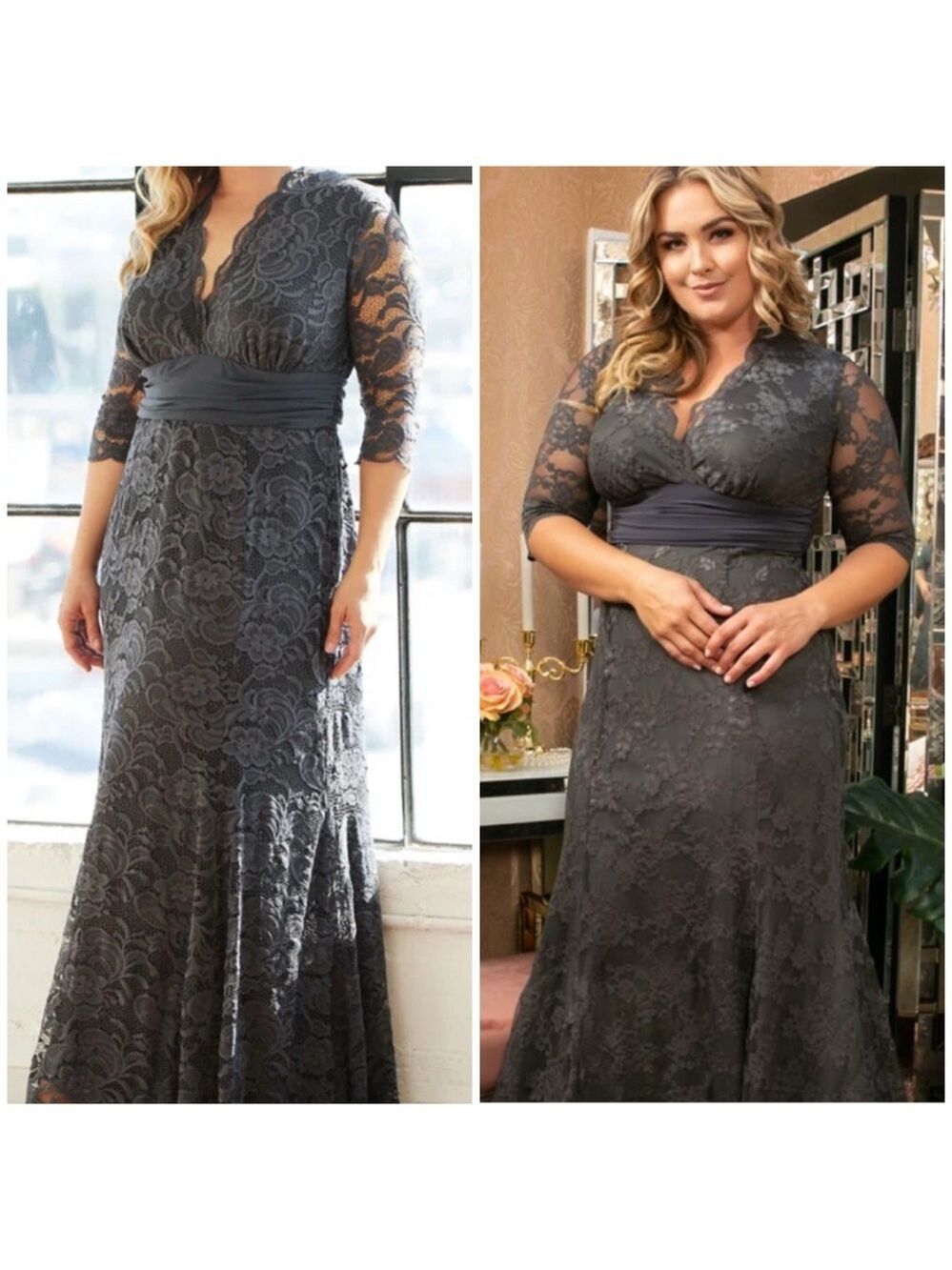 Kiyonna Screen Siren Lace Evening Gown Maxi in Smoke Grey